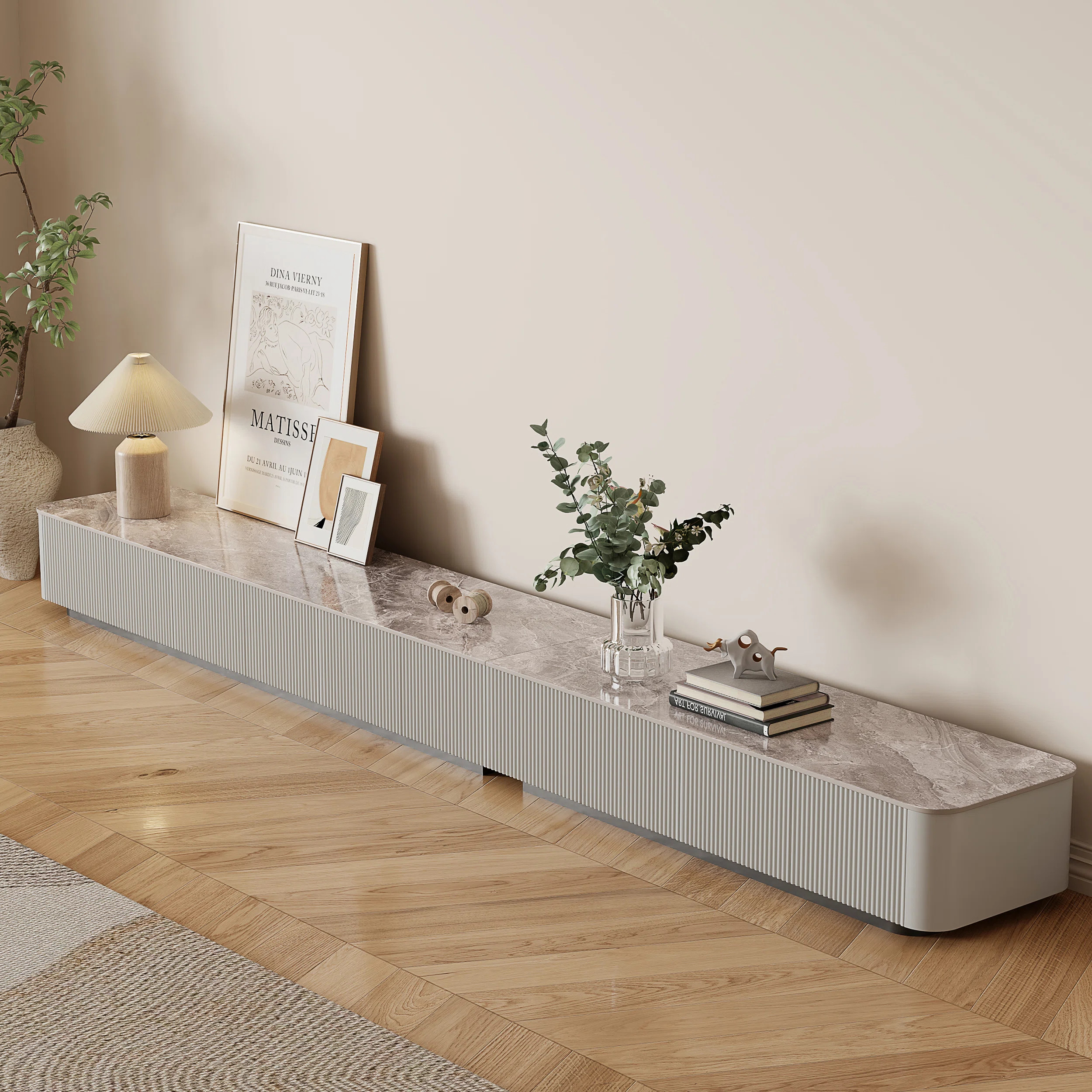 Delorme 118.11" Modern TV Stands,Glossy Sintered Stone Top,Gray Media Console,5 Drawers | Wayfair North America