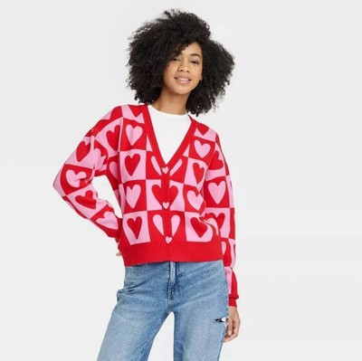 Target Heart Postage Stamp Cardigan Sweater Large 33 Degrees S Valentines Day | eBay US