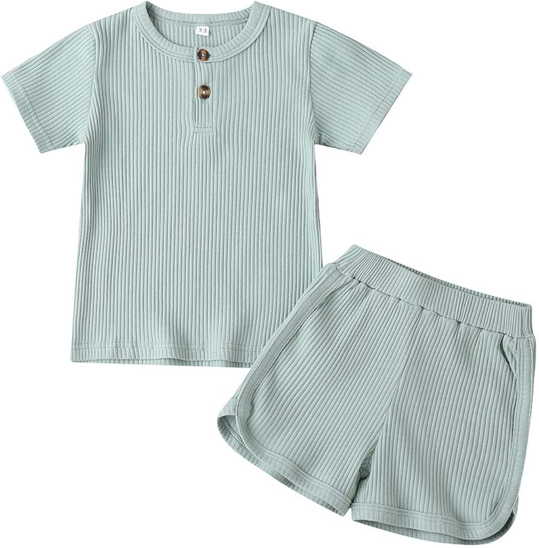 Unisex Toddler Baby Boy Girl Clothes Ribbed Knit T-Shirt Top Pants Solid Color 2 Piece Outfits Loung | Amazon (US)