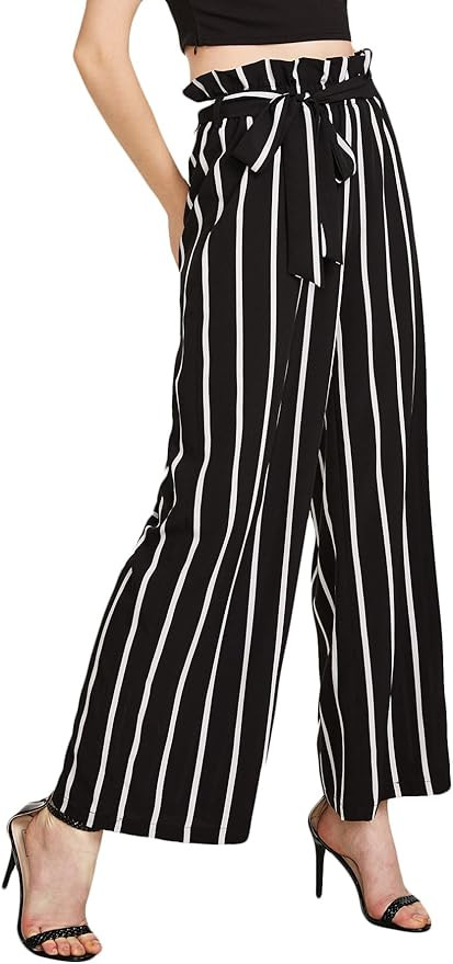 Floerns Women's Frilled Waist Striped Print Palazzo Pants | Amazon (US)
