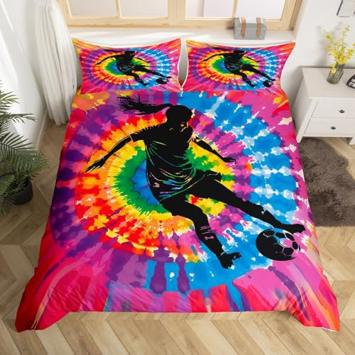 Soccer Duvet Cover Set Twin Size, Football Player Bedding Set 2pcs for Kids Boys Girls Bedroom Decor, Colorful Tie Dye Comforter Cover Sports Gaming Theme Quilt Cover with 1 Pillowcase,No Comforter | Amazon (US)