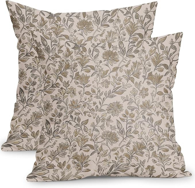 Vintage Floral Pillow Covers 18x18 Inch Set of 2 Antique Flower Block Print Pillowcases Tan Neutr... | Amazon (US)