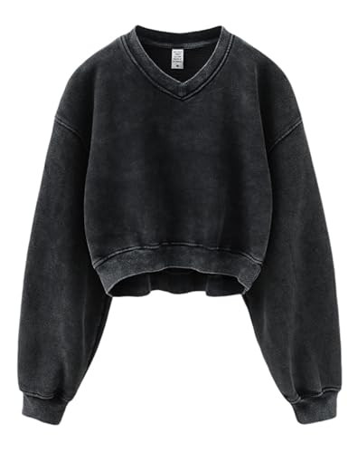 Arssm Women Fleece Sweatshirt V Neck Cropped Acid Wash Athletic Hoodie Vintage Cotton Long Sleeve Crop Pullover Tops(Black-L) | Amazon (US)