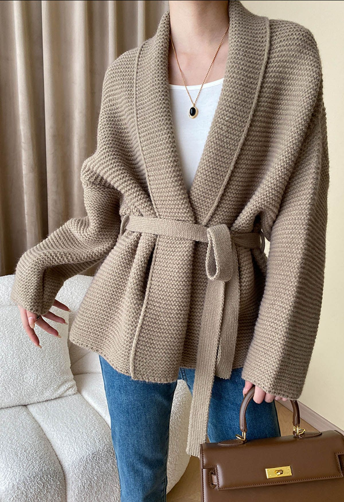 Collared Self-Tie Wrap Waffle Knit Cardigan in Light Tan | Chicwish