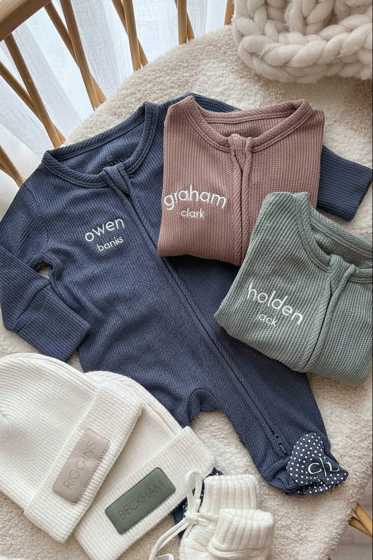 Embroidered Bamboo Waffle Zipper Footie | Mountain Haze | Caden Lane