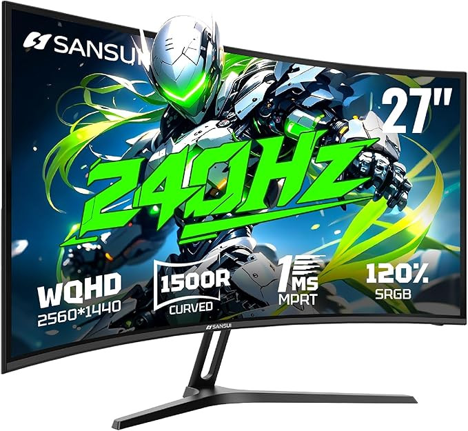 SANSUI 27 Inch Curved 240Hz Gaming Monitor, 2K WQHD 1500R Curved Computer Monitor, 120% sRGB, MPR... | Amazon (US)