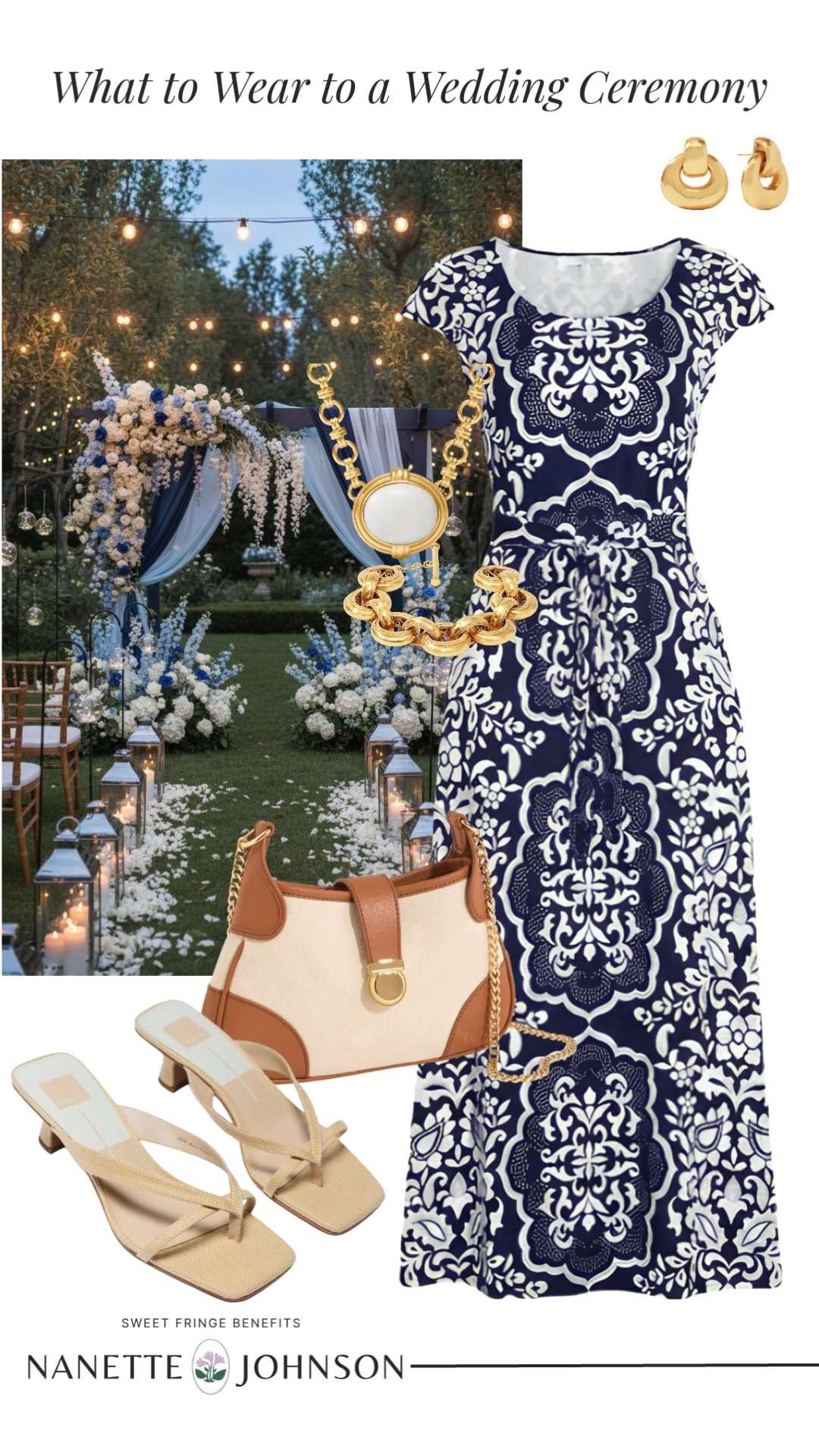 Wedding guest style that feels elegant and effortless 🫶🏻

This navy and white printed dress paired with neutral heels, a chic handbag, and gold accessories creates the perfect polished look for summer weddings, rehearsal dinners, garden ceremonies, or special celebrations. 

 #LTKootd #LTKOver40 #LTKSaleAlert