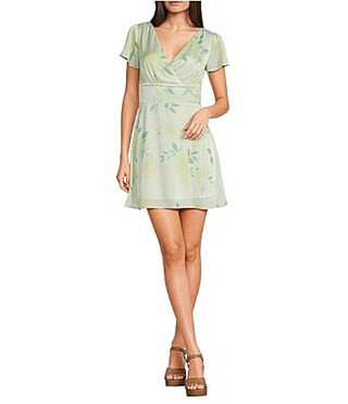 GB Satin Floral Leafy Print Short Sleeve V-Neck Mini Dress -  XL | Dillard's