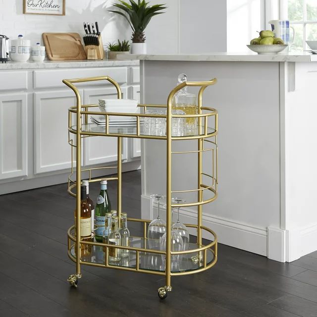 Better Homes & Gardens Fitzgerald Bar Cart with Matte Gold Metal Finish, 2-Tiers - Walmart.com | Walmart (US)