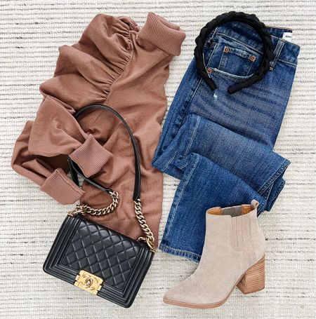 Business casual or brunch outfit perfect for fall! I love this ruffle sleeve sweater and dark jeans. Paired with my favorite Alva booties, Chanel bag and braided headband!

#LTKstyletip #LTKSeasonal #LTKshoecrush