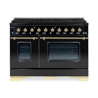 CLASSICO 48"" TTL 6.7 Cu.Ft. 8 Burner Freestanding All Gas Range with Gas Stove, Gas Oven, Glossy Black with Brass Trim | The Home Depot