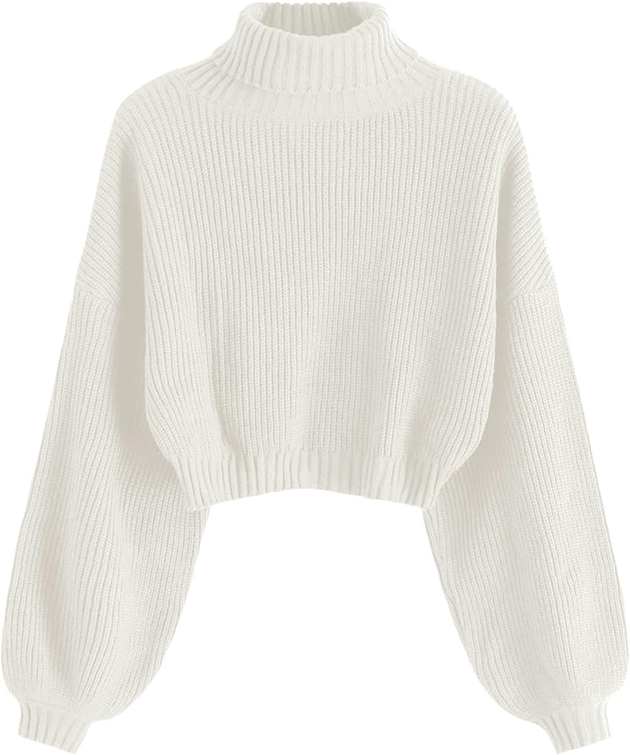 Women's Cropped Turtleneck Sweater Lantern Sleeve Ribbed Knit Pullover Sweater Jumper | Amazon (US)