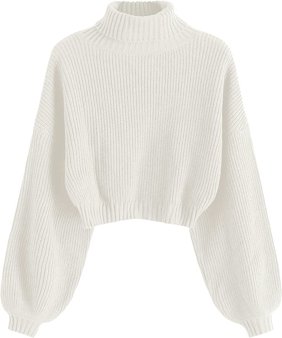 ZAFUL Women's Cropped Turtleneck Sweater Lantern Sleeve Ribbed Knit Pullover Sweater Jumper | Amazon (US)