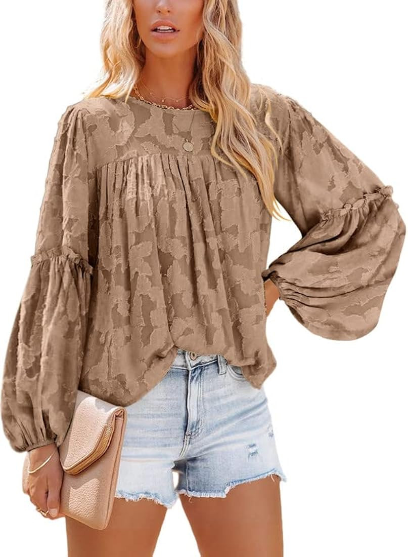 Dokotoo Womens 3/4 Bell Sleeve Blouse Summer Crewneck Lace Tops Floral Textured Babydoll Shirts | Amazon (US)