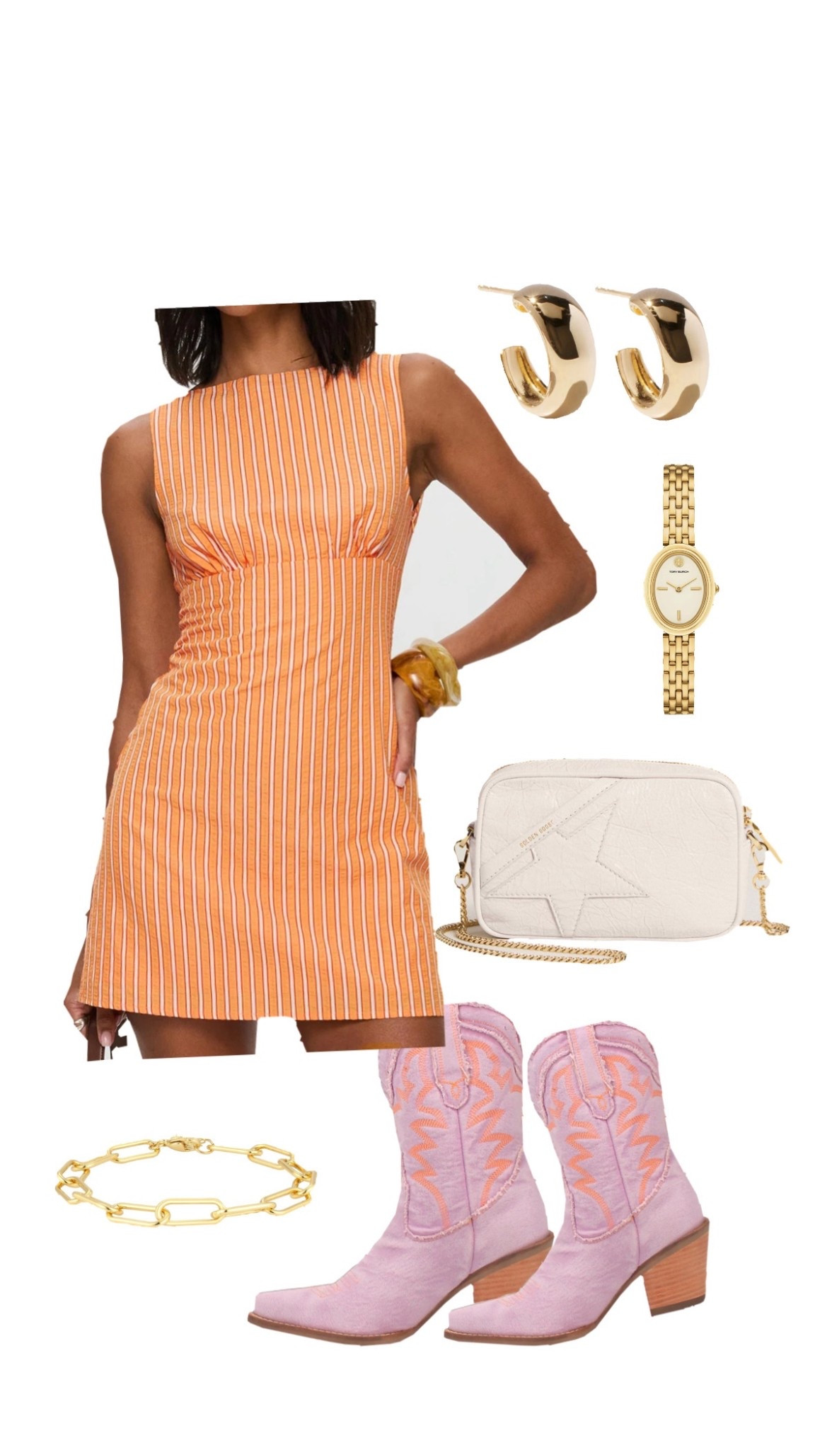 Game day outfit inspo, country concert outfit inspo, Clemson game day outfits, orange mini dress, gold jewelry, purple cowboy boots, light purple cowboy boots, white mini bag, colorful outfits, orange dresses, mini dresses, country outfits, cowboy boots 