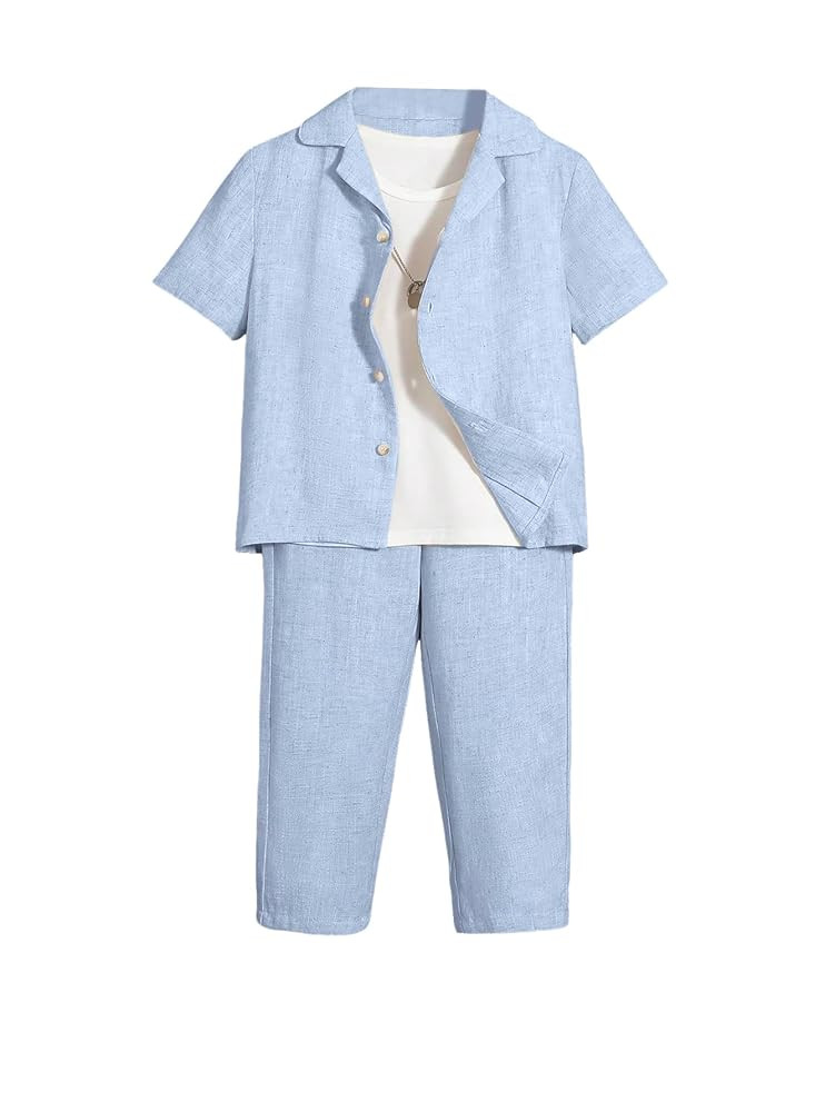Verdusa Boy's 2 Piece Outfits Linen Set Going Out Outfits Button Up Shirt and Shorts Pants Set | Amazon (US)