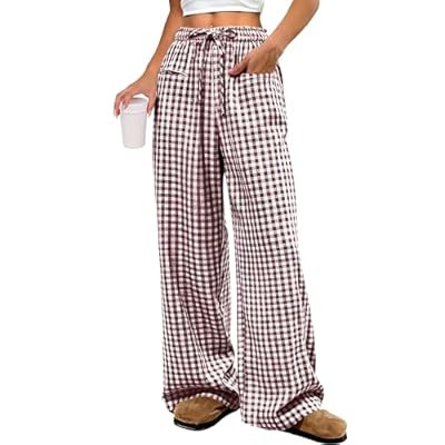 ANRABESS Womens Striped Gingham Pants 2026 Pajama Drawstring Wide Leg Lounge Pl… | Amazon (US)