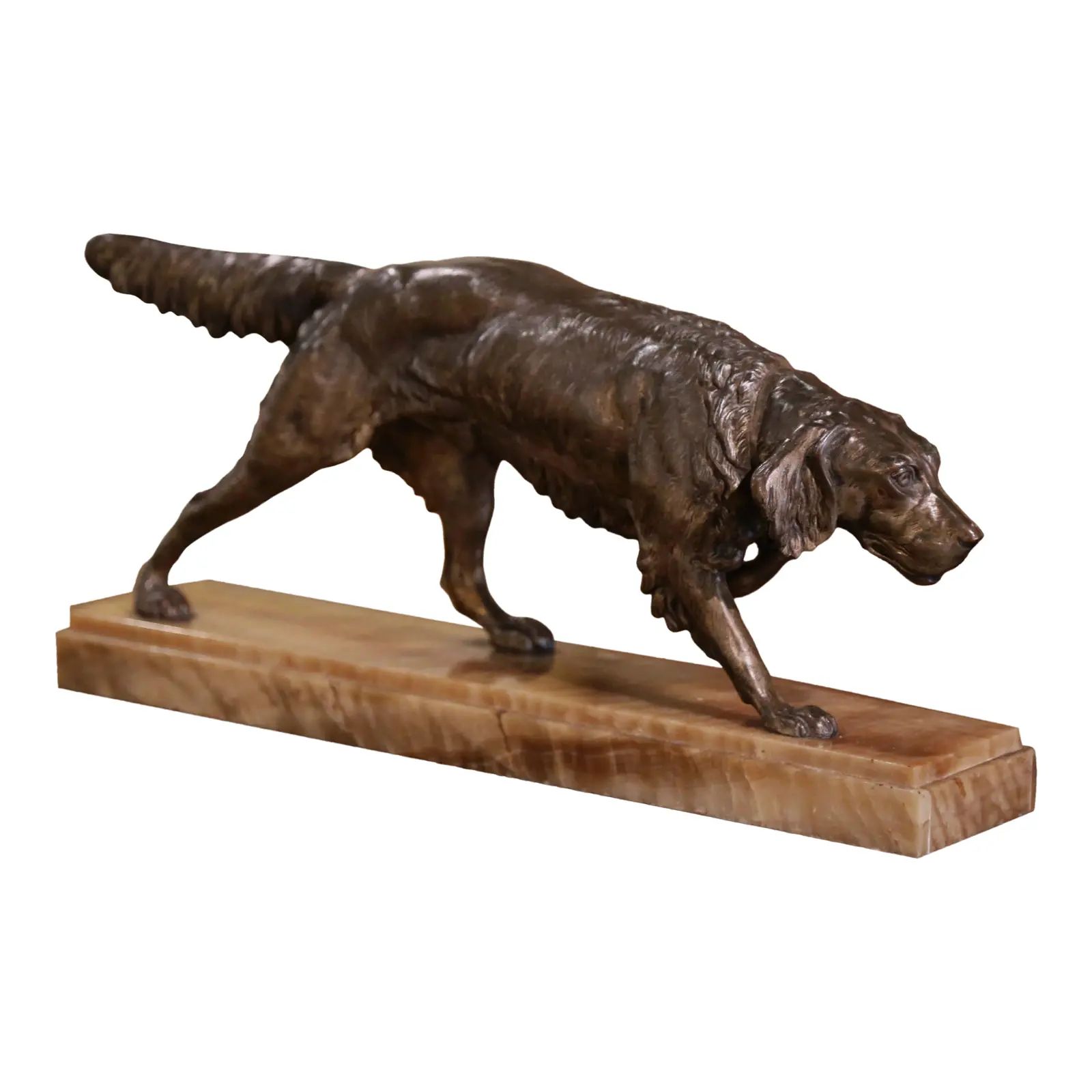 19th Century French Spelter Pointer Dog Sculpture on Marble Base Signed Masson | Chairish