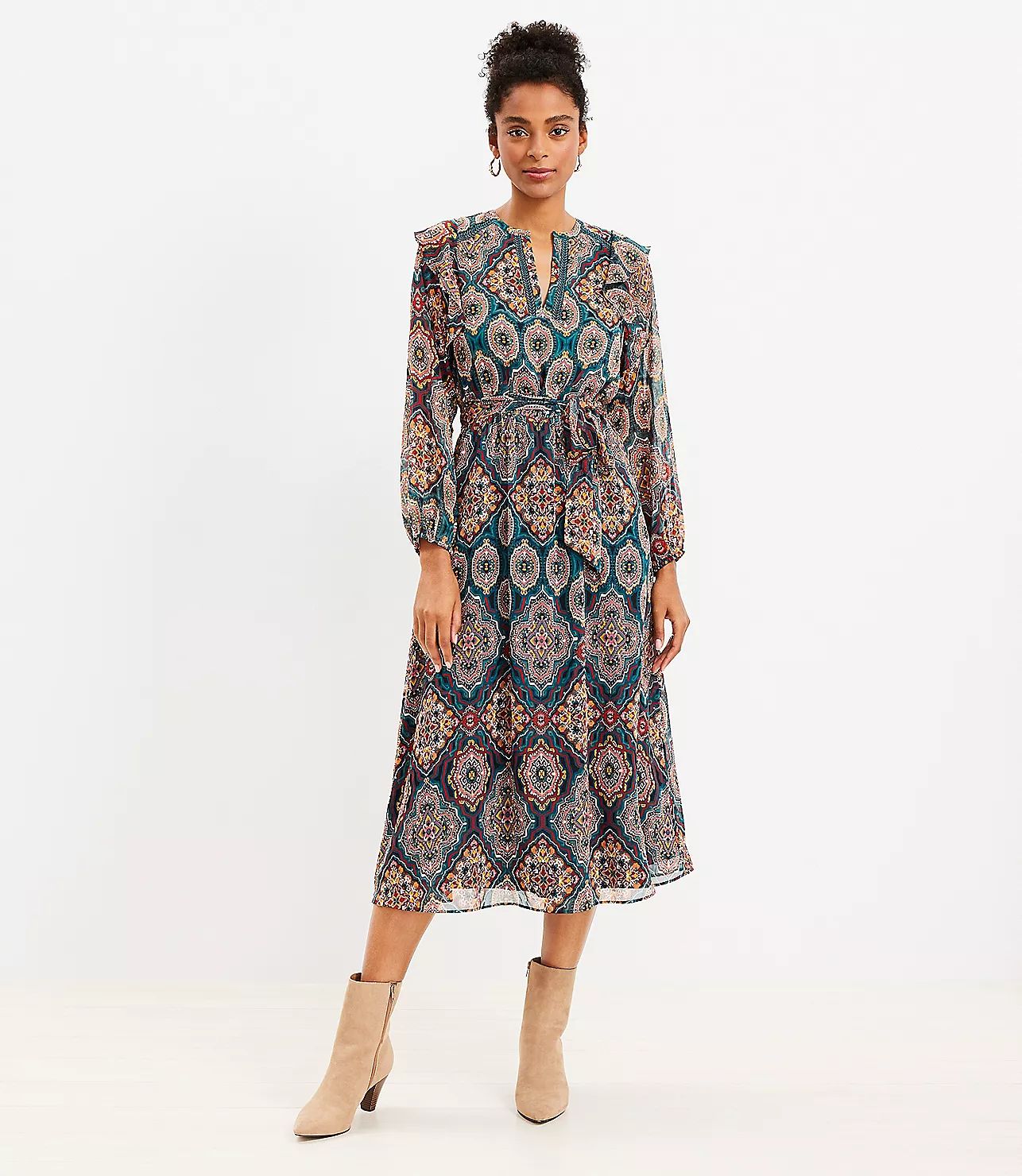 Tapestry Ruffle V-Neck Midi Dress | LOFT