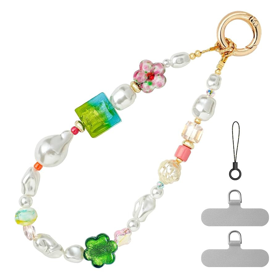 pcgaga Beaded Phone Charm Bracelet – Cute Pearl Wrist Strap for Women, Anti-Drop Phone Chain Wr... | Amazon (US)