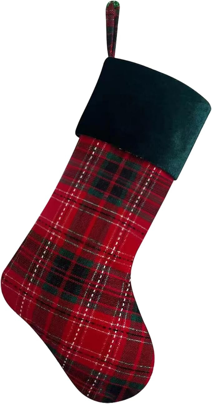 Red Buffalo Plaid Christmas Stockings, Green Faux Fur Xmas Fireplace Hanging Ornaments Sock Plush... | Amazon (US)
