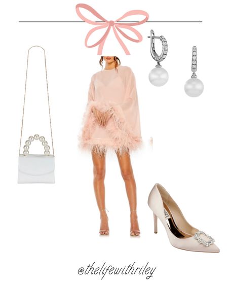 A feather wedding guest dress 

This is definitely a fun look to wear to a wedding or other event 

Blush dress paired with pearl accessories is feminine perfection 

#LTKSeasonal #LTKFind #LTKstyletip