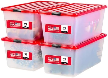 IRIS USA 91 Qt. Stackable Plastic Storage Bins with Lids, 4 Pack - BPA-Free, See-Through Organizi... | Amazon (US)
