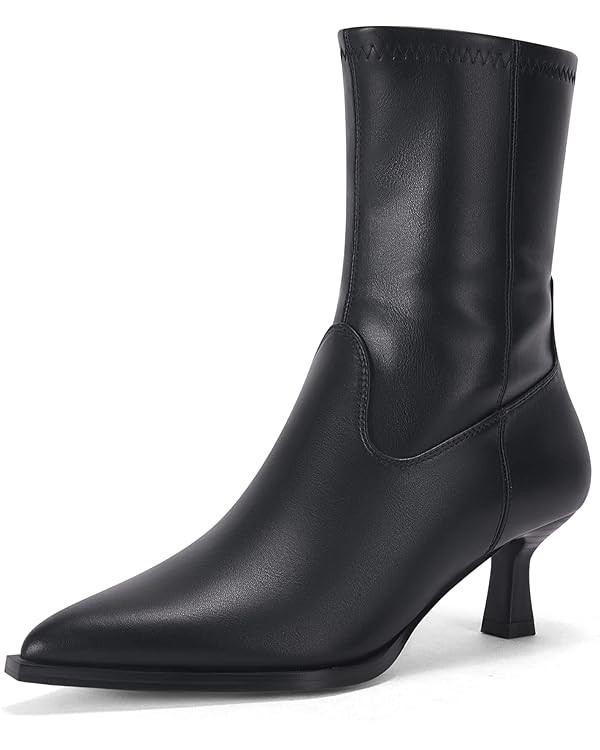 Coutgo Womens Pointed Toe Ankle Boots Stacked Kitten Low Heel Side Zipper Fall Booties Shoes | Amazon (US)