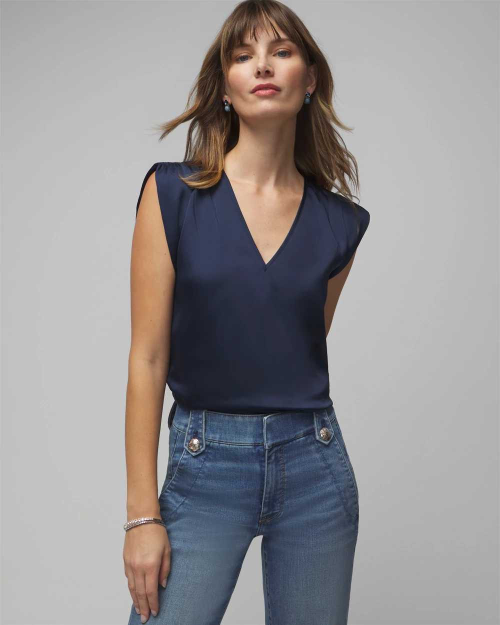 Sleeveless V-neck Ruched Shoulder Shell Top | White House Black Market