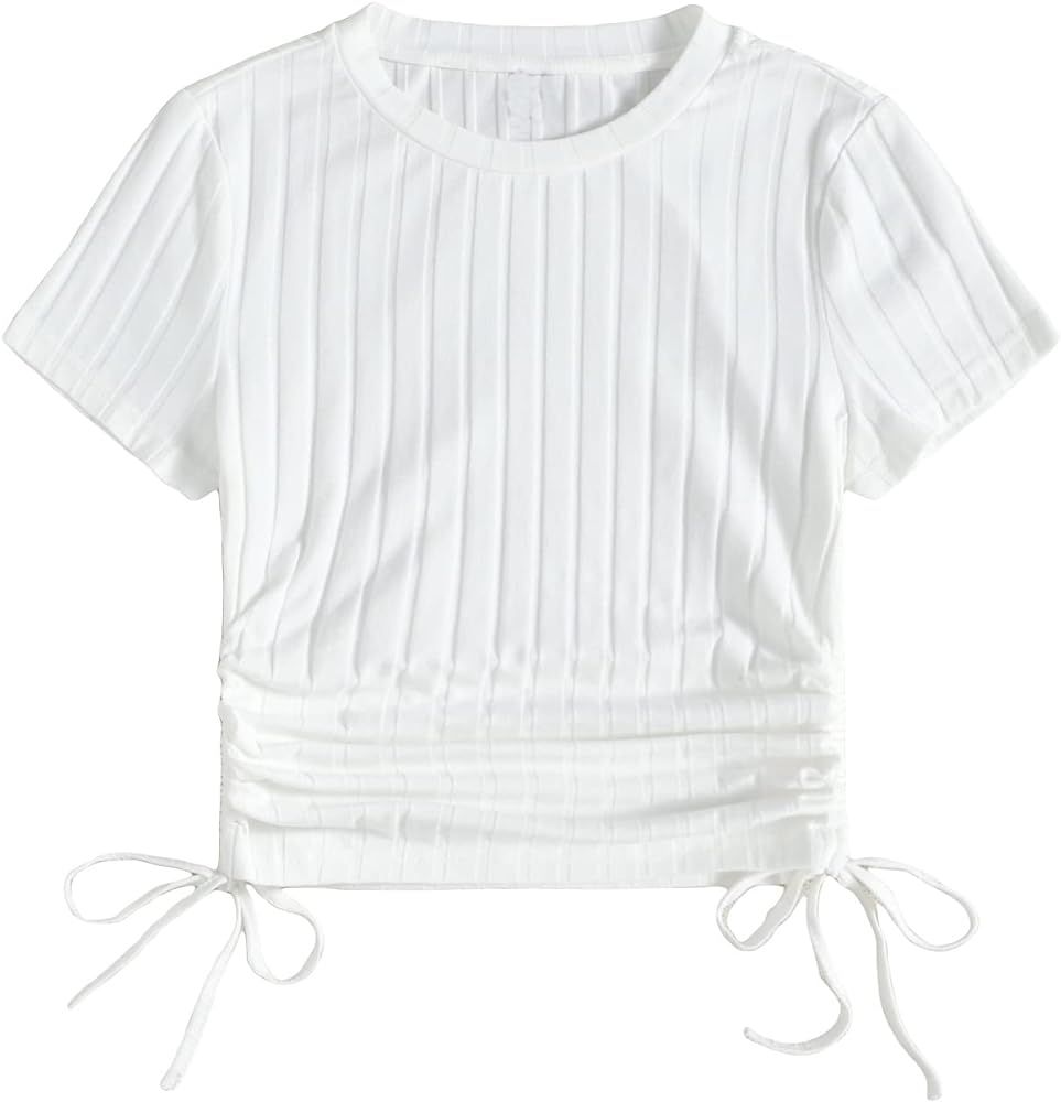 SHENHE Women's Drawstring Shirt Ribbed Crop Top Short Sleeve Ruched Tee | Amazon (US)