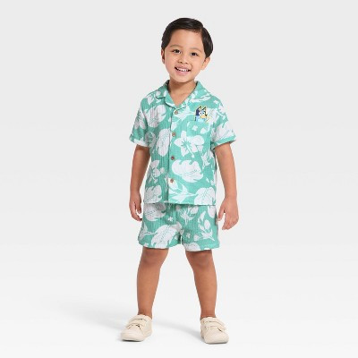Toddler Boys' 2pc Bluey Gauze Short Sleeve Button-Down Shirt & Shorts Set - Teal Blue 12M | Target