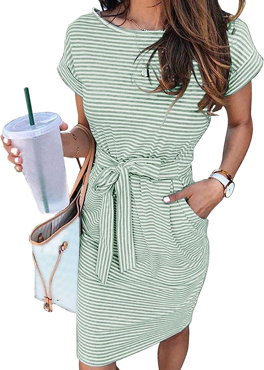 MEROKEETY Women's Summer Striped Short Sleeve T Shirt Dress Casual Tie Waist with Pockets | Amazon (US)