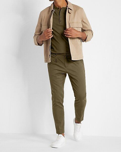 Slim Solid Green Belted Cotton Hyper Stretch Cropped Suit Pant | Express