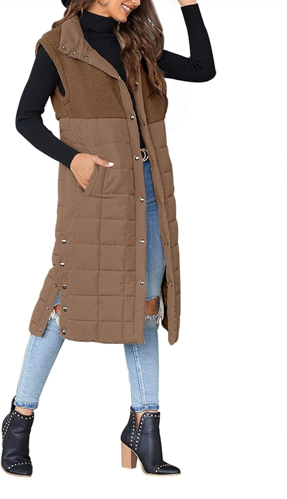 UMEKO Women's Long Puffer Vest Fleece Jacket Winter Button Down Sleeveless Coats | Amazon (US)