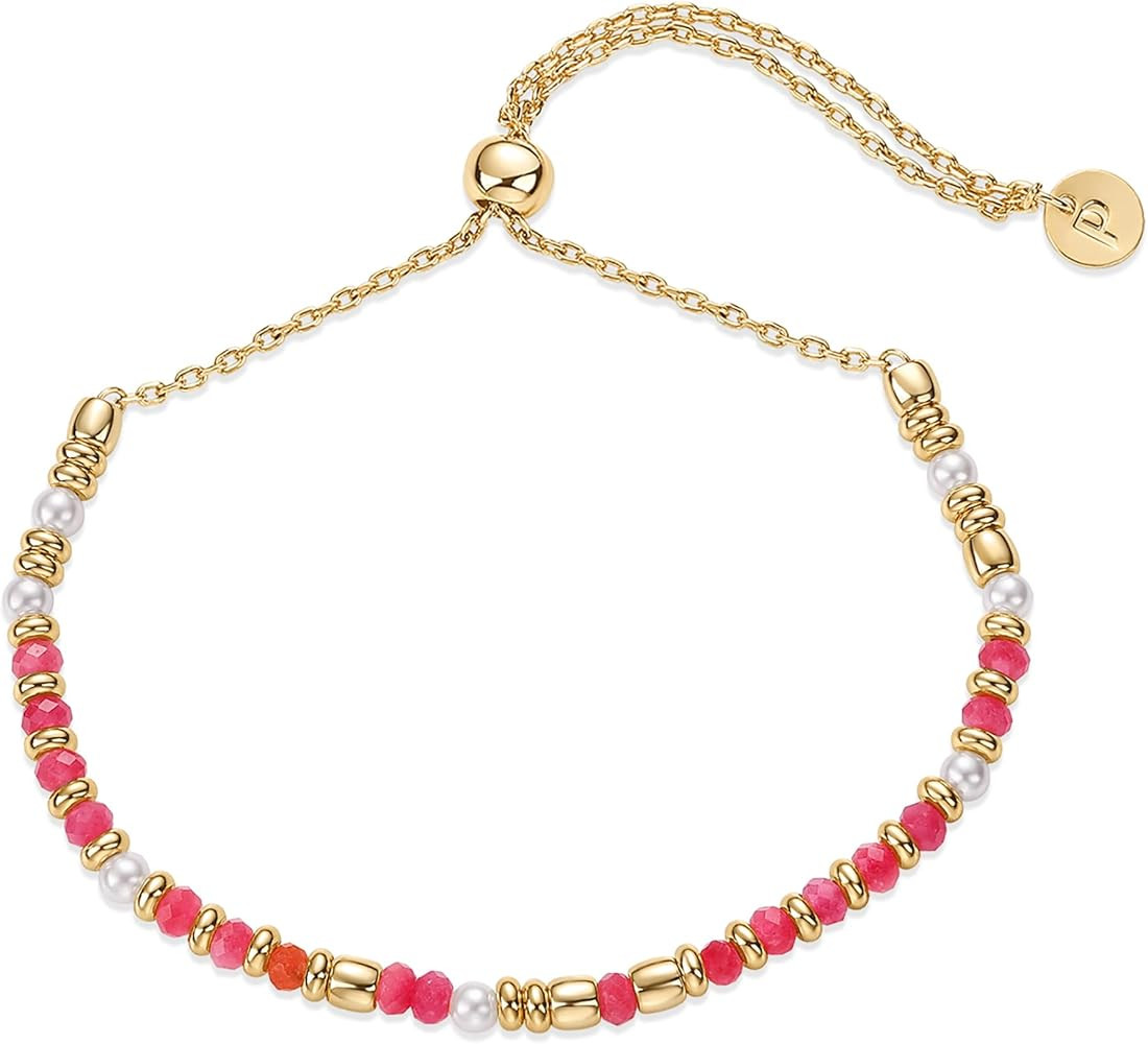 PAVOI 14K Yellow Gold Plated Gemstone Beaded Bracelets for Women - Adjustable Slider Dainty Pearl... | Amazon (US)