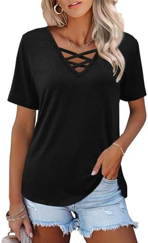 Womens Tops Short Sleeve V Neck Shirts Loose Casual Blouses Summer Tees Criss Cross | Amazon (US)