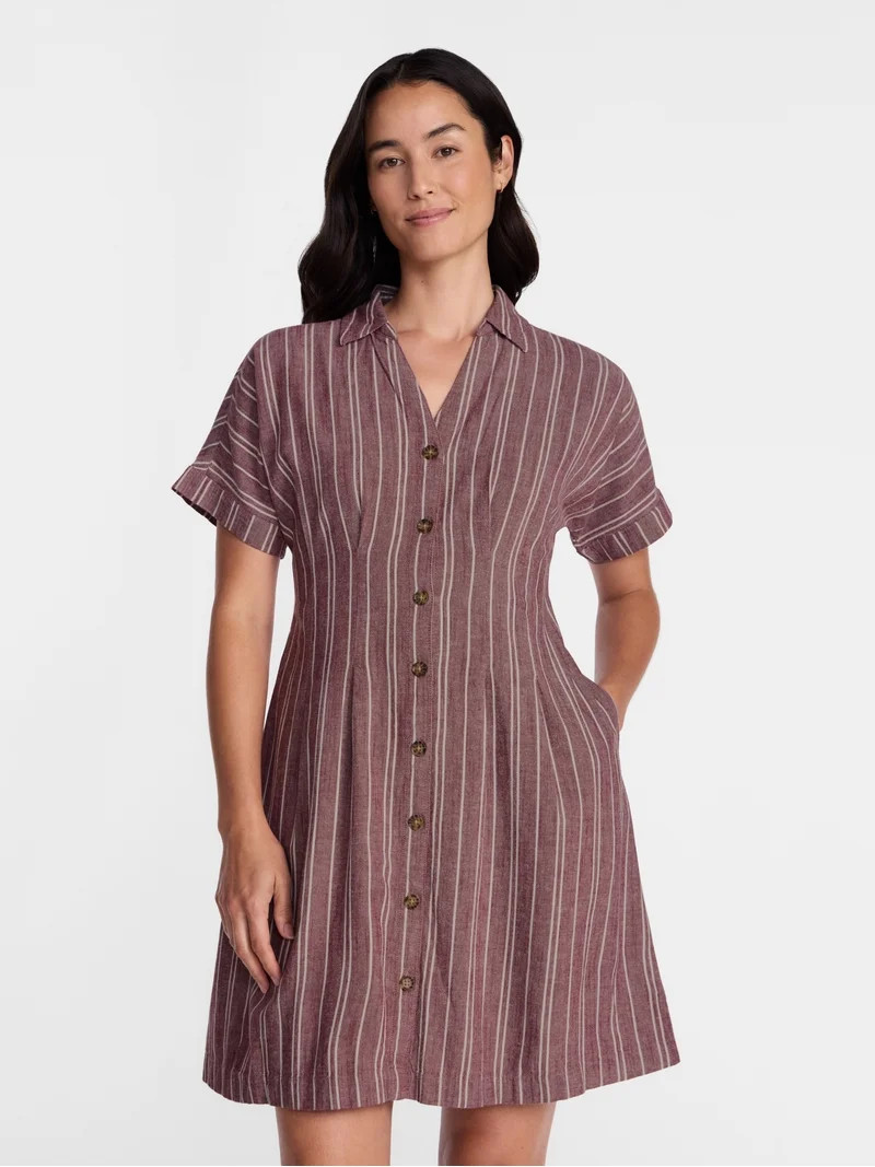 Time and Tru Women's Linen Blend Pleated Mini Shirtdress with Short Sleeves, Sizes XS-XXXL | Walmart (US)