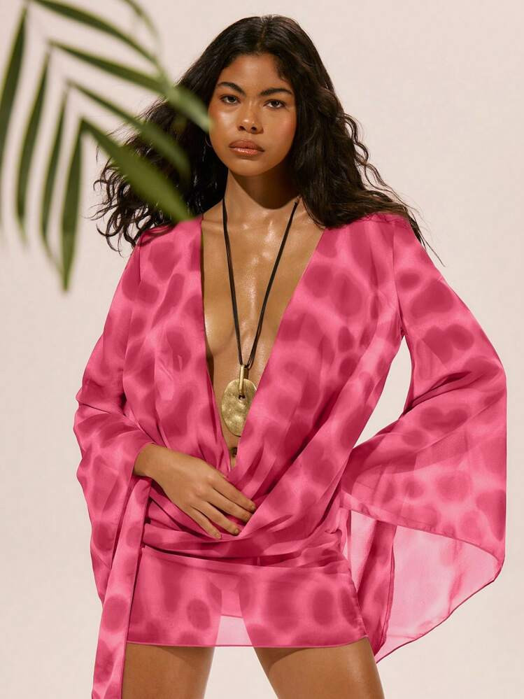 MUSERA Chiffon Mesh Long Sleeve Plunge Cowl Neck Mini Dress Cover Up Spring, Summer, Ibiza Outfit, Holiday, Cute, Romantic, Festival, Vacation Beachwear, Beach | SHEIN