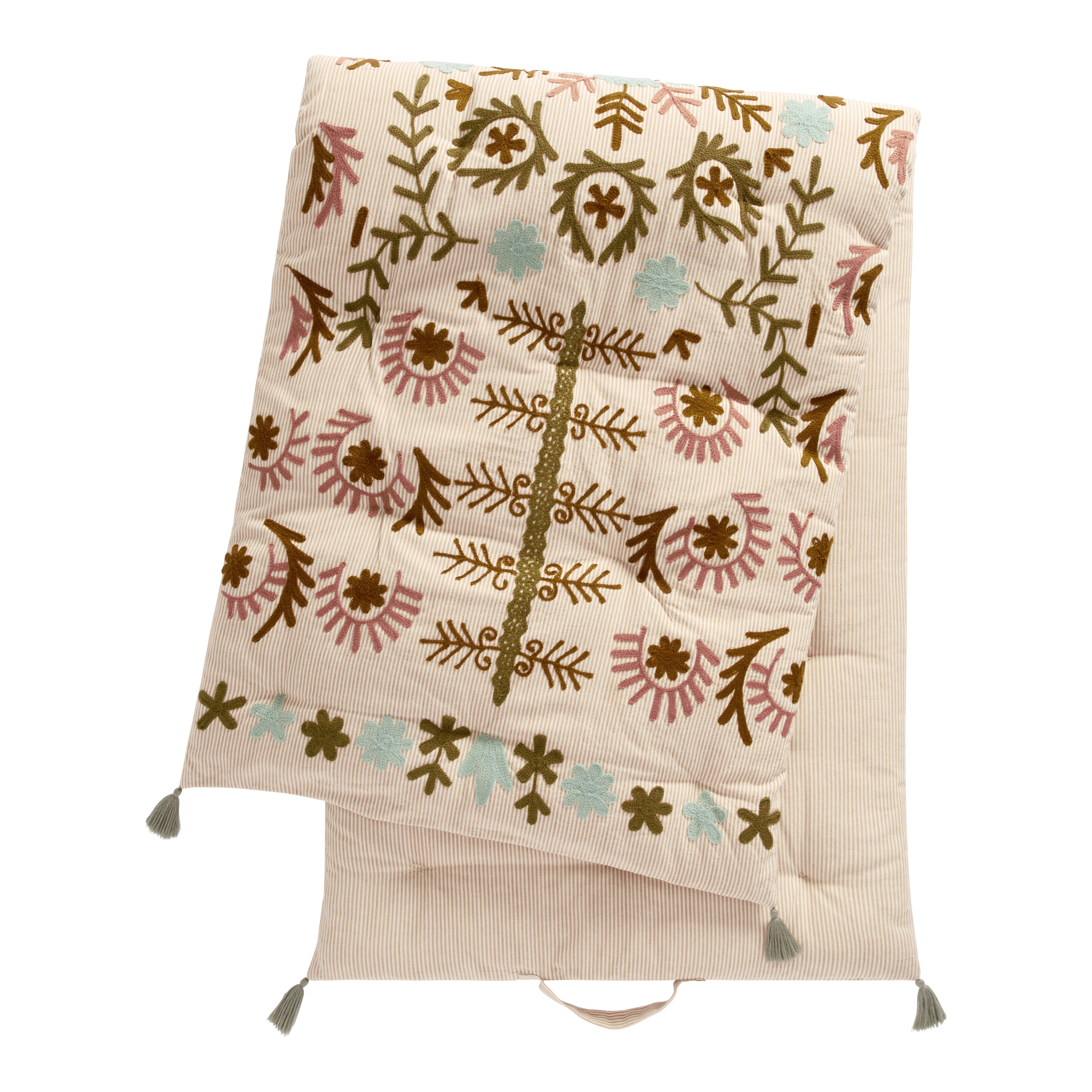 Green and Rust Cotton Stripe Floral Embroidered Lounge Cushion | World Market
