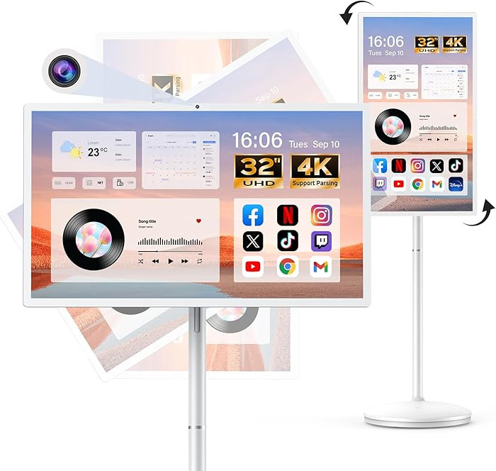 32" Smart Portable TV on Wheels, UHD Touch Screen Rolling TV, 16GB RAM + 128GB Storage, Powerful ... | Amazon (US)