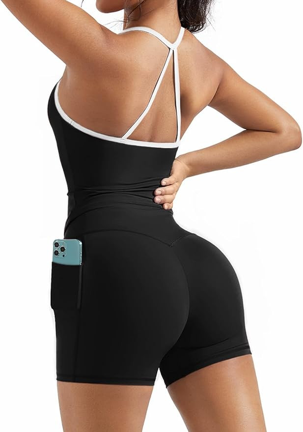 OMKAGI 2 Piece Workout Sets for Women Padded Sports Bra Tank Booty Gym Shorts with Pockets | Amazon (US)