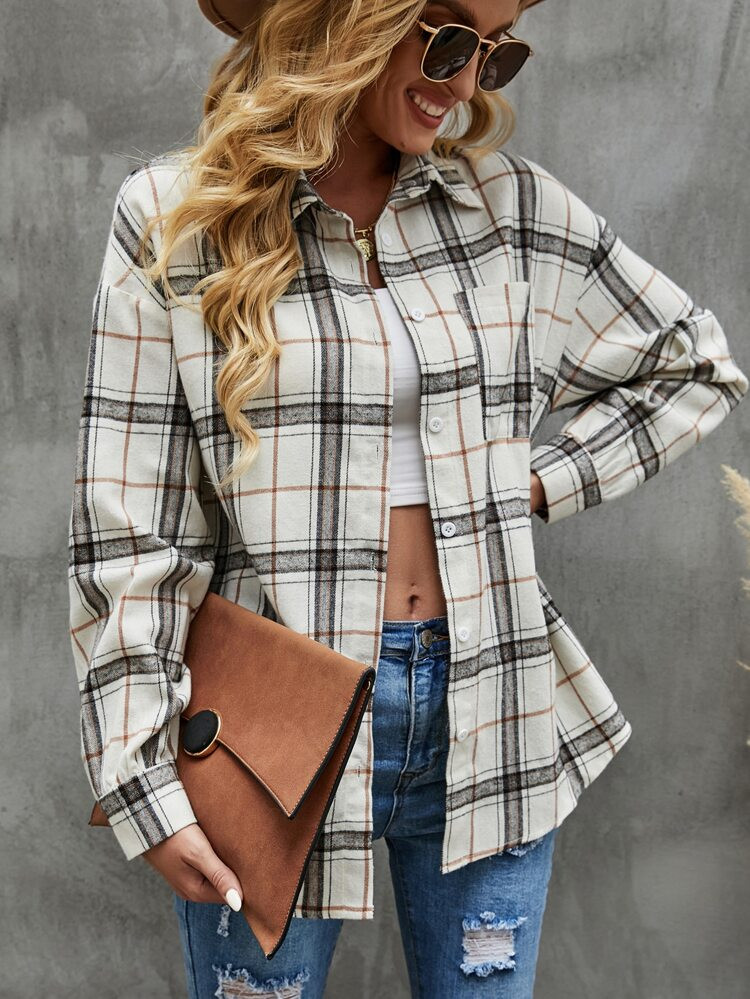 Plaid Patched Pocket Drop Shoulder Blouse | SHEIN