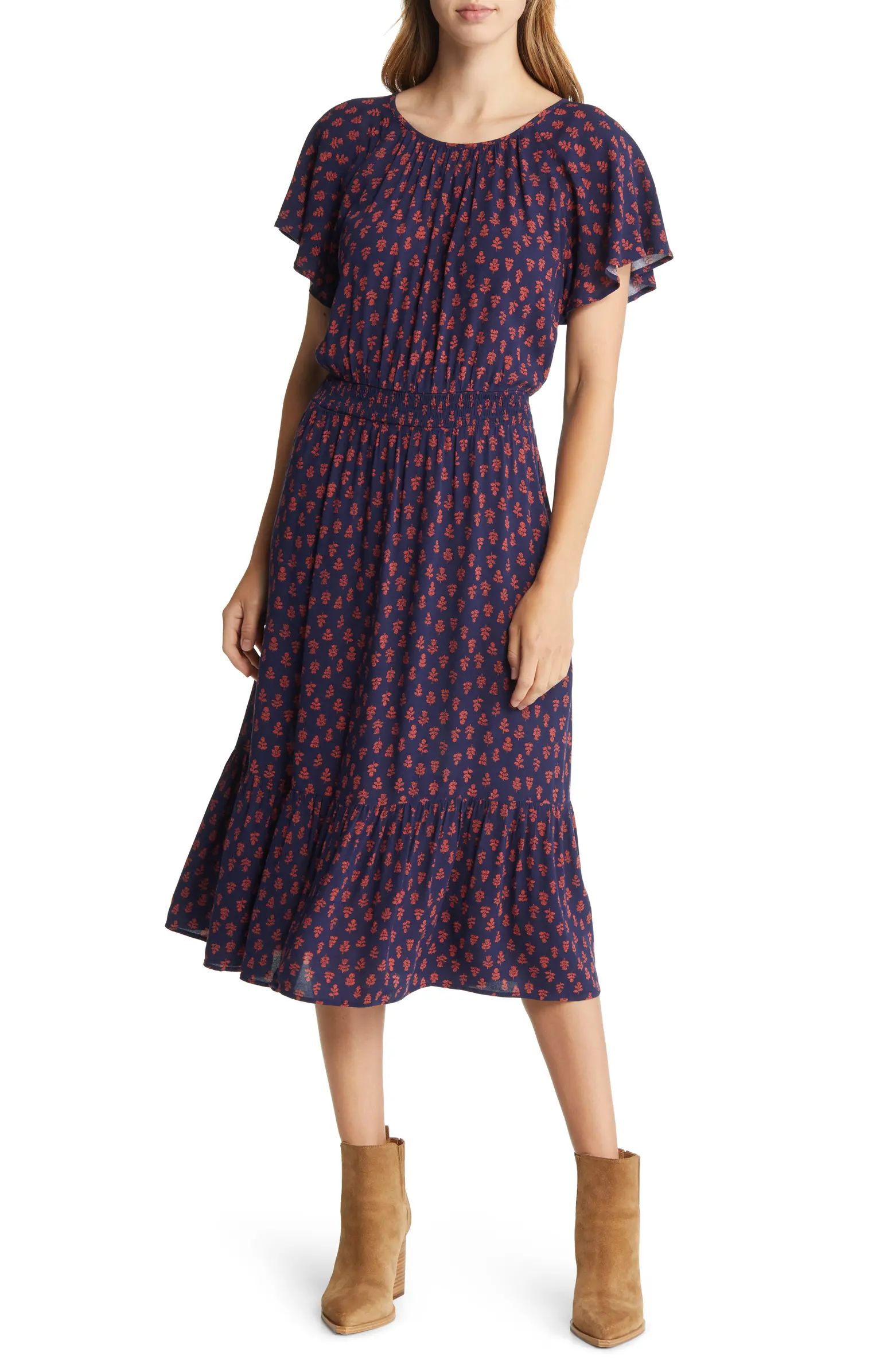 Caslon® Floral Short Sleeve Midi Dress | Nordstrom | Nordstrom
