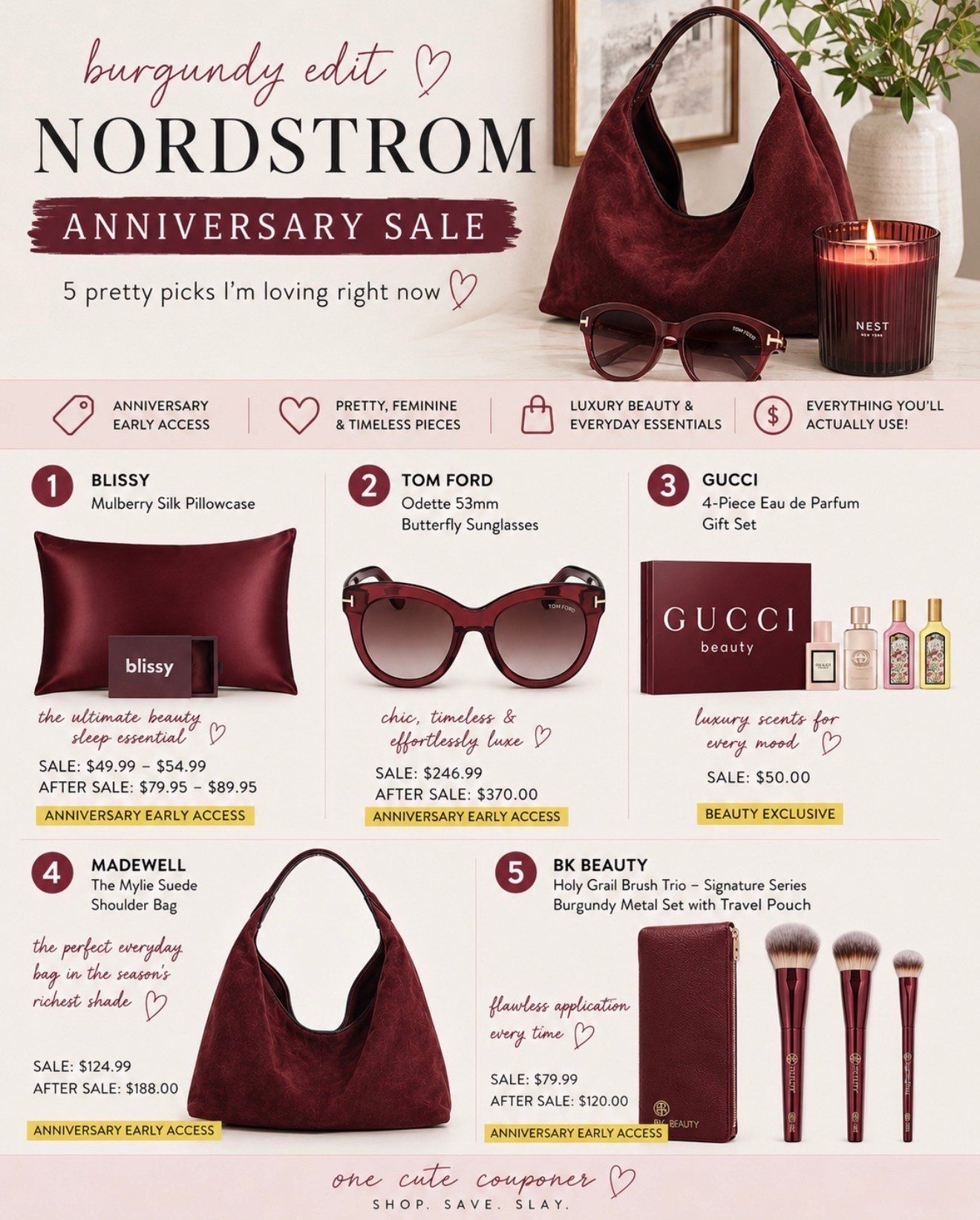 The Nordstrom Anniversary Sale is finally here! I have so many things on my wish list right now. These are all of my favorite things in burgundy or maroon. 
#nsale ￼￼
