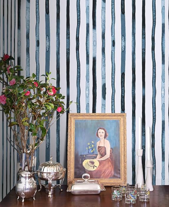 Guvana 17.3"x394" Blue and White Striped Peel and Stick Wallpaper - Navy Watercolor Blue Boho Sel... | Amazon (US)