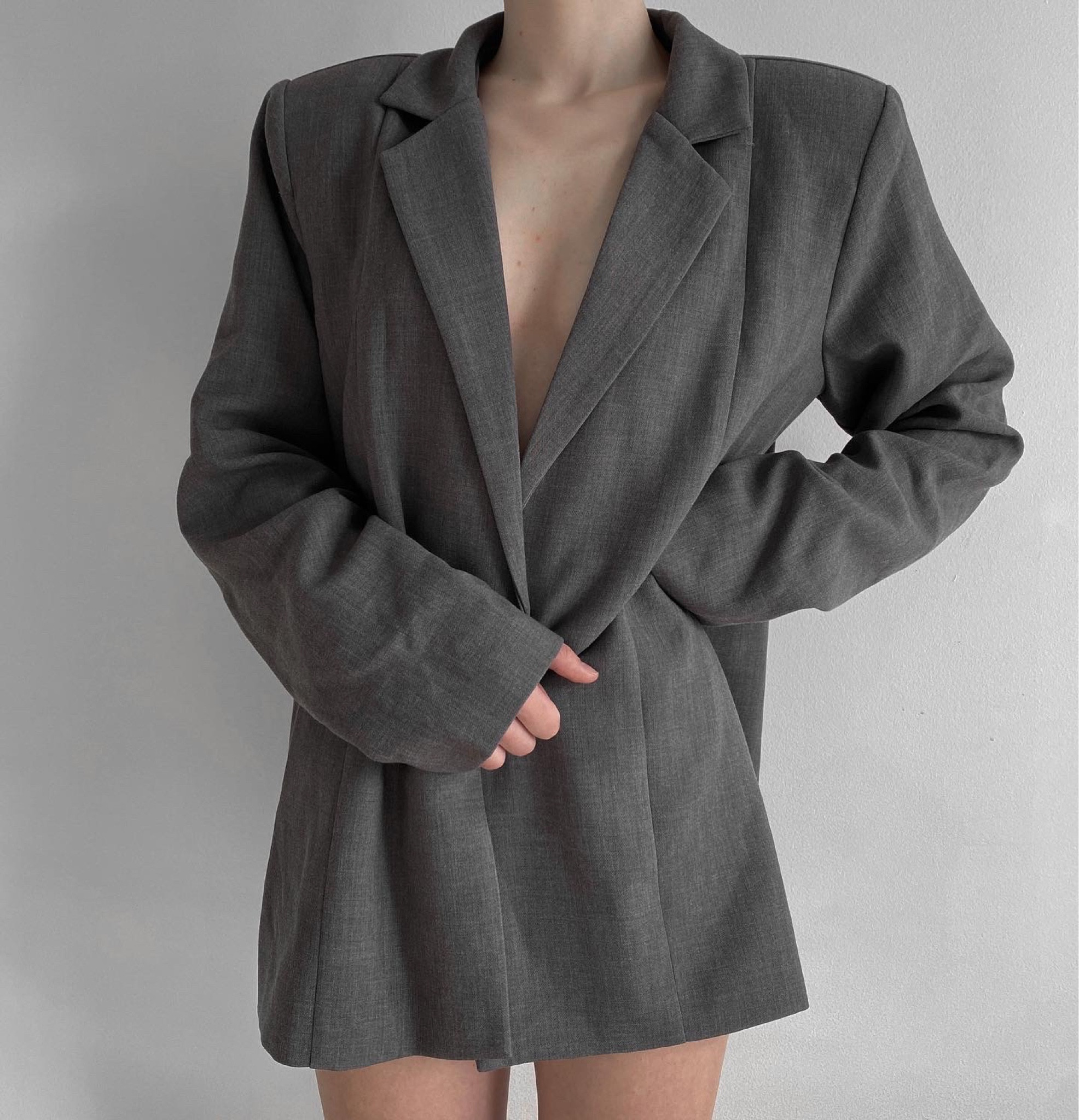 Oversized grey dad blazer, jacket, business casual, elegant outfit, fashion inspiration, blazer dress, baggy, boxy , party outfit, holiday Christmas style, prettylittlething, charcoal coat, shoulder pads 

#LTKstyletip #LTKunder50 #LTKworkwear