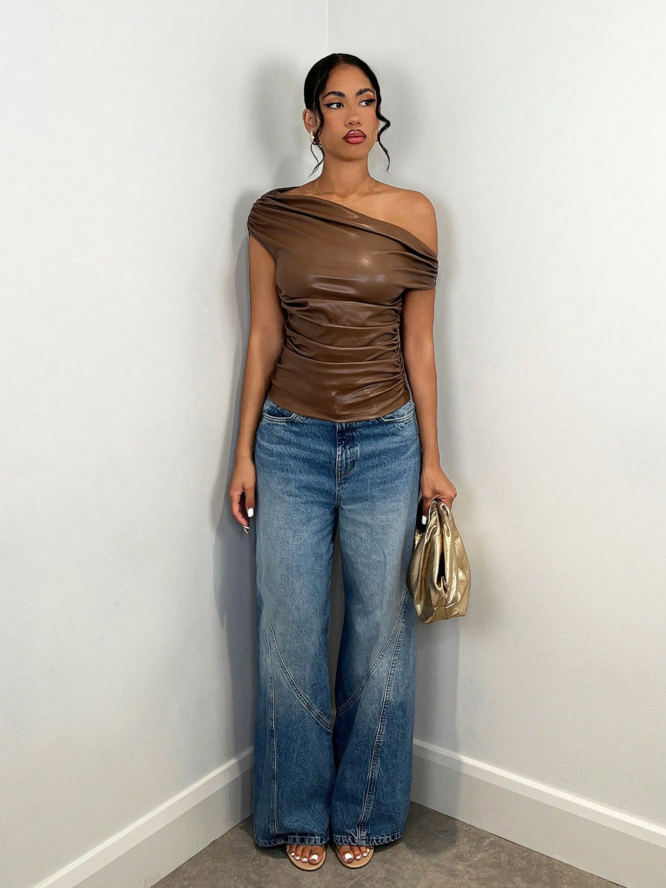 SHEIN BAE Women's Casual Solid Color Asymmetric Neck Ruched Slim Fit T-Shirt, Summer | SHEIN