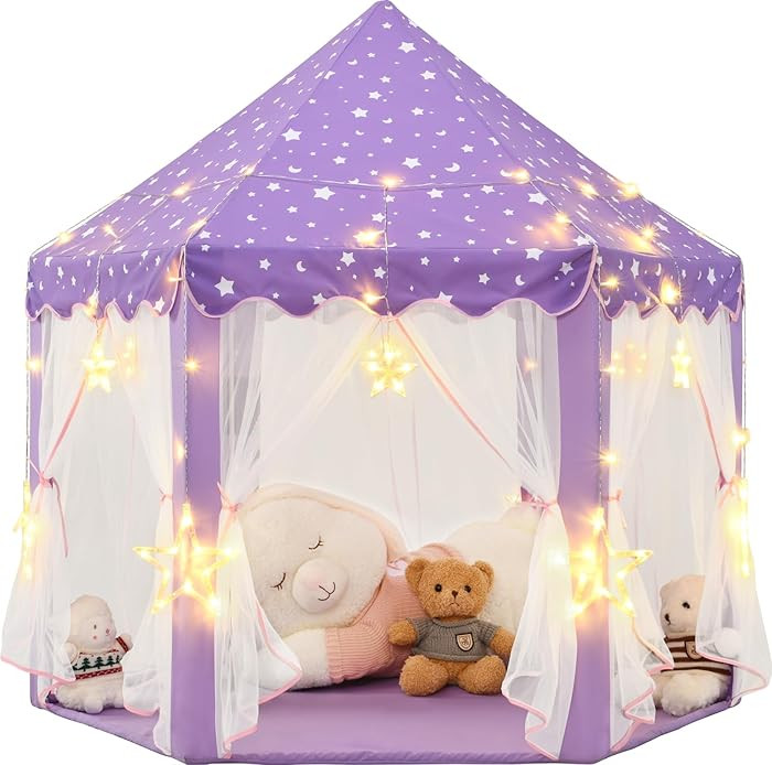 Purple Princess Tent for Girls, Kids Play Tent with LED Large Star Lights, Castle Playhouse Tent ... | Amazon (US)