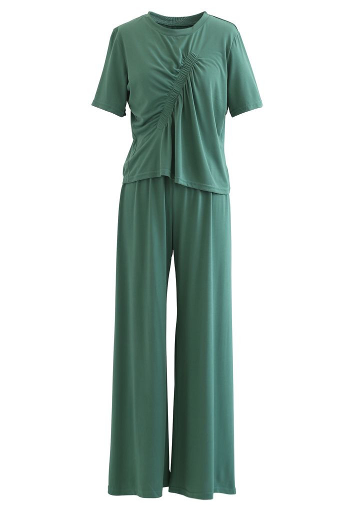 Ruched Trim T-Shirt and Pants Set in Green | Chicwish