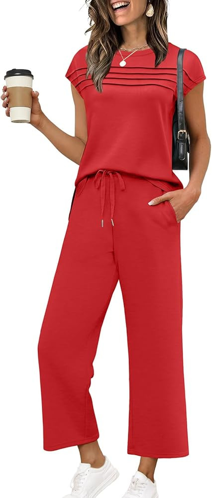 WIHOLL Two Piece Sets for Women Summer Travel Vacation Outfits Cap Sleeve Lounge Matching Sets Wi... | Amazon (US)